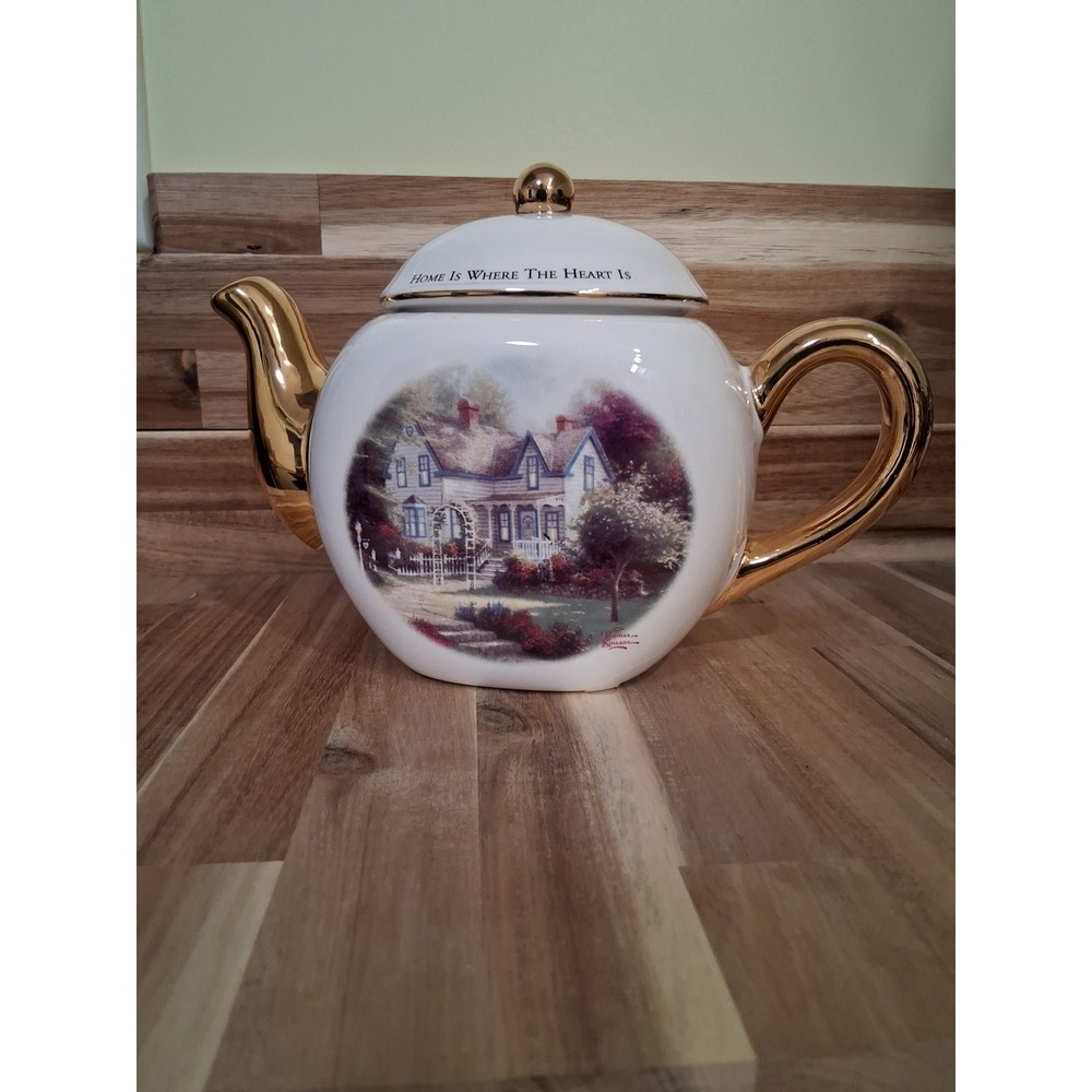 Thomas Kinkade Home Is Where The Heart Is . Teapot Teleflora Gold Trim Ceramic.